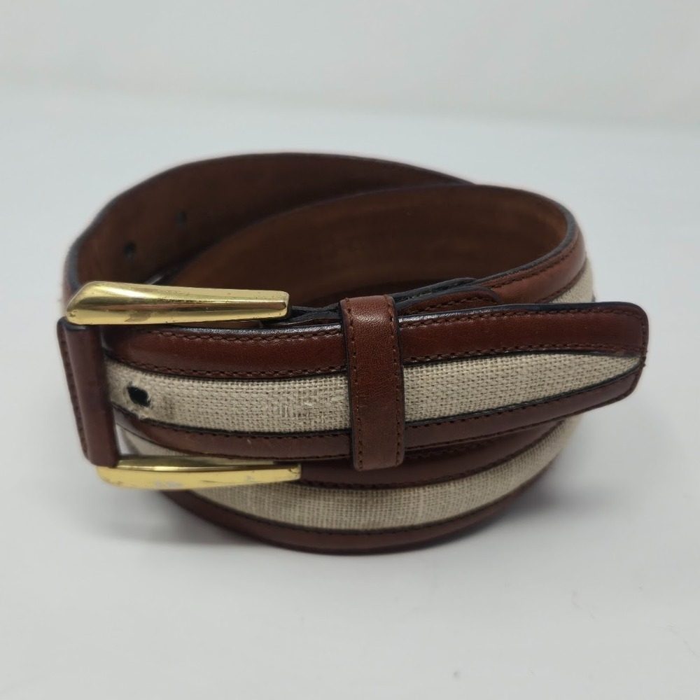AS IS Saks Fifth Avenue Belt 38 M-3832 Spain Brown Leather Linen - MISSING PRONG - Picture 5 of 12